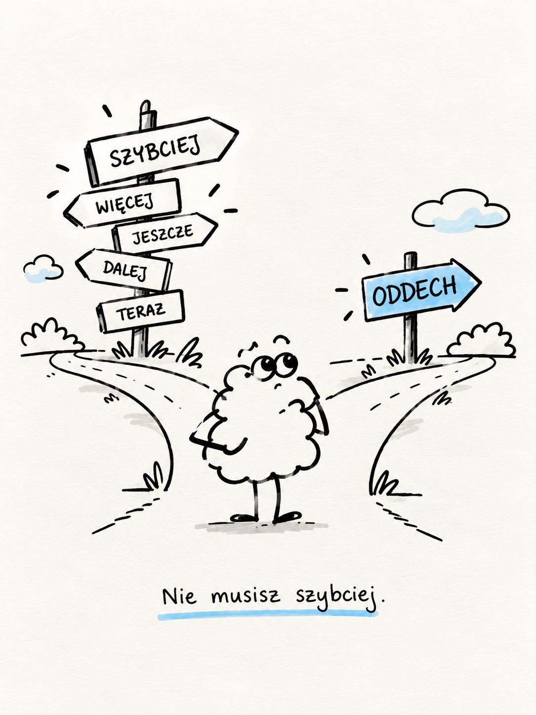 Rysunek: postać siedząca w fotelu z kawą, nad głową wir myśli — podpis „Ciało usiadło. Głowa nie.”.